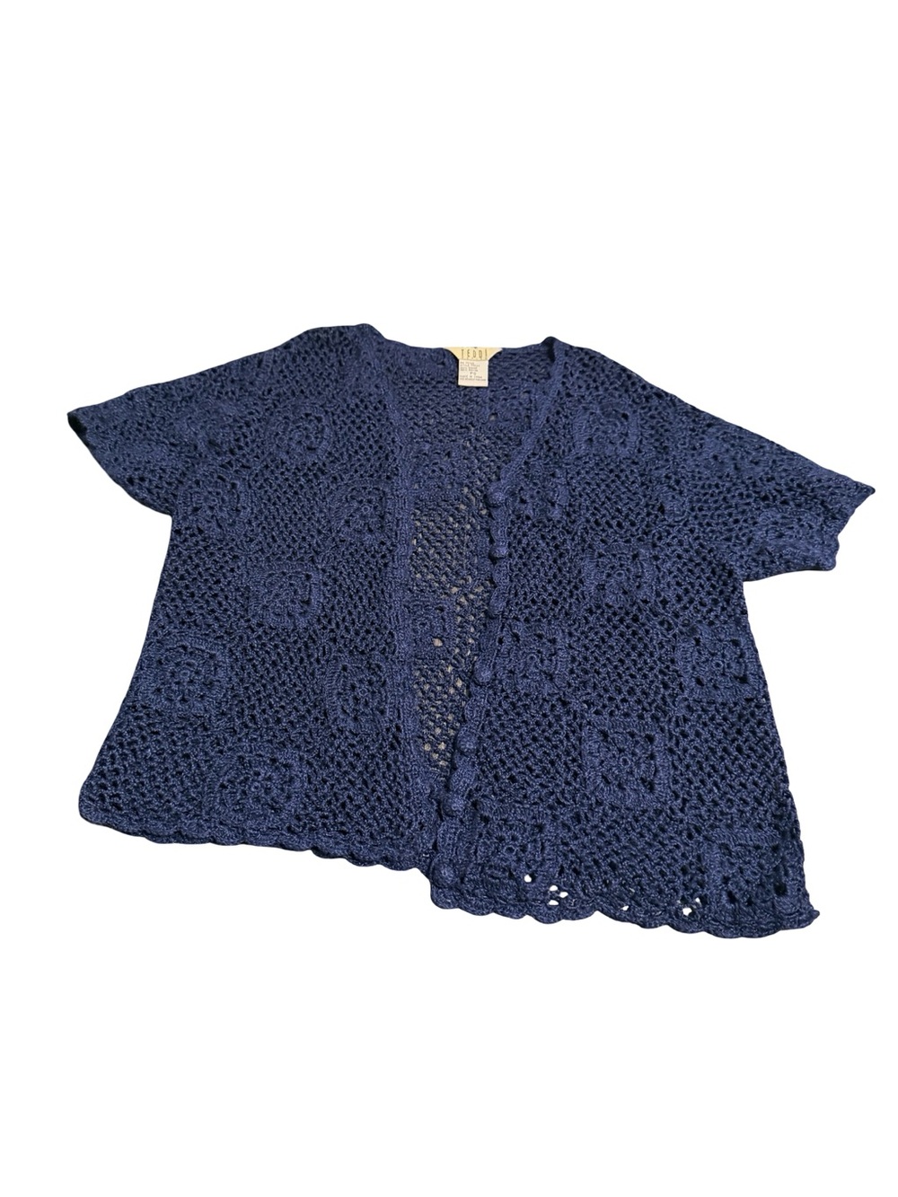Vintage Teddi Navy Crochet Short Sleeve Open Cardigan